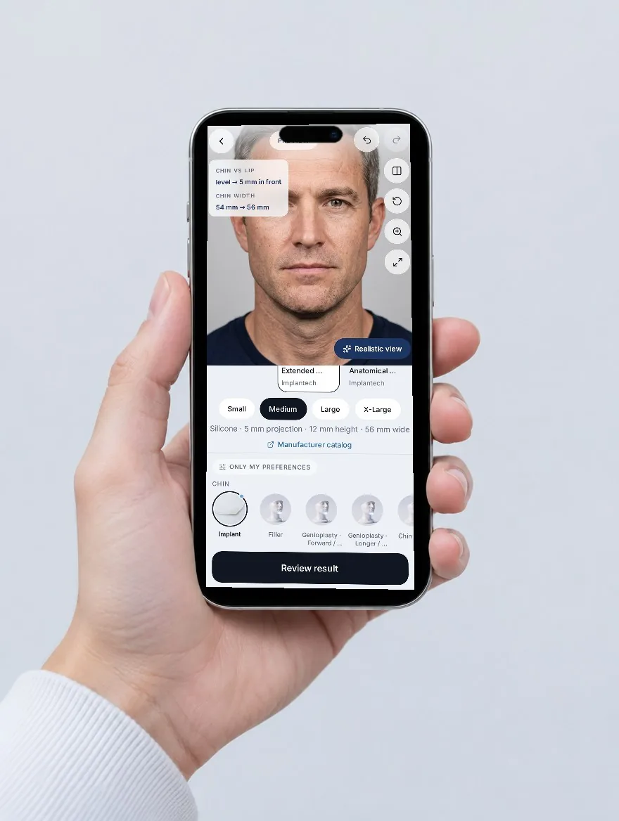 Veylo editor on iPhone showing a chin implant visualization with measurements