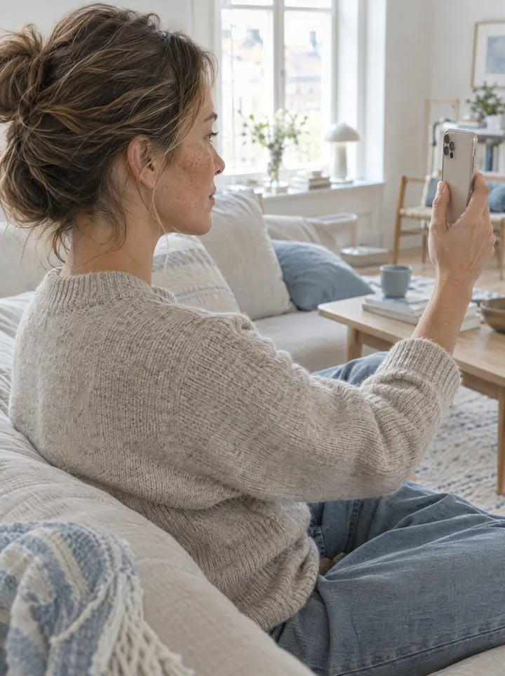 A woman on a sofa holding an iPhone at arm’s length to scan her face