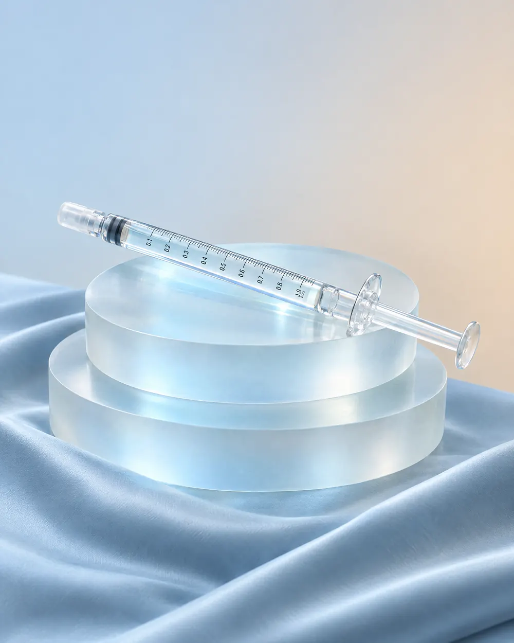 A glass filler syringe with millilitre marks resting on frosted glass discs