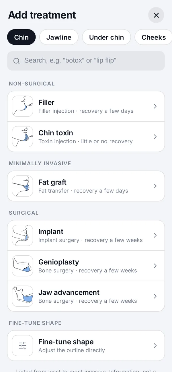 Veylo app screen with a synthetic face: Treatments by area