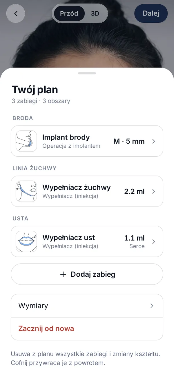 Ekran aplikacji Veylo: Ustaw zabieg i ilość