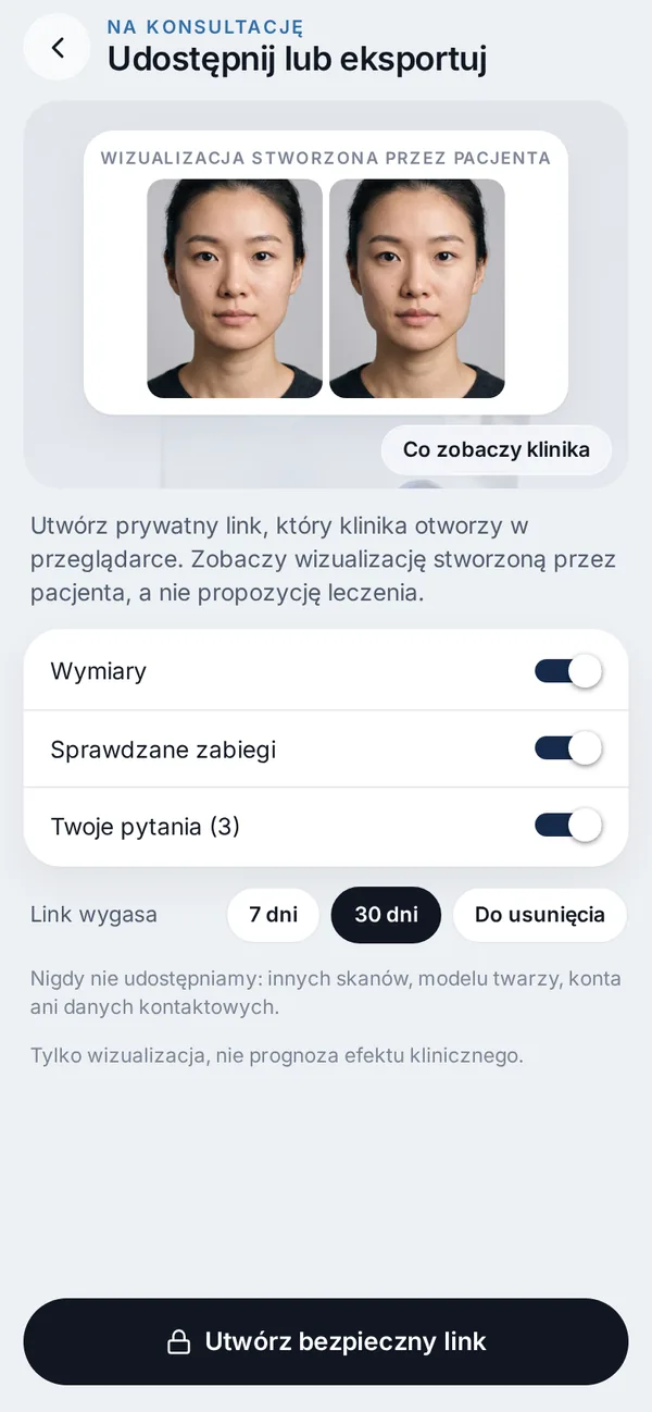 Ekran aplikacji Veylo: Pokaż klinice, jeśli chcesz