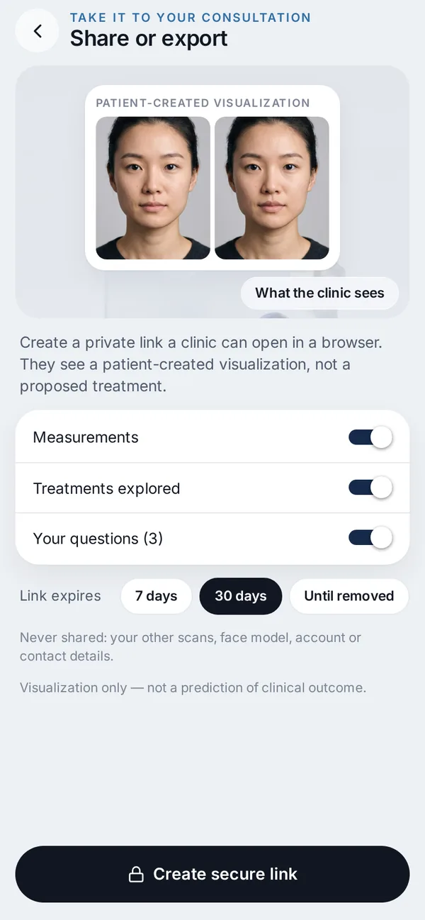 An encrypted link for the clinic — synthetic face